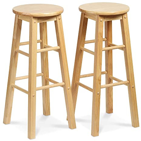PJ Wood 29 Inch Tall Classic Round Seat Kitchen Counter Bar Stools 2 Pack with 4 Square Legs for Homes, Dining Spaces, and Bars, Natural