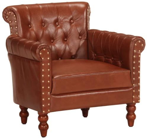 vidaXL Sillón Sofá Silla Asiento Dormitorio Sala de Estar Salón Acolchado Vintage Suave Cómodo Individual de Cuero Auténtico de Cabra Marrón Oscuro
