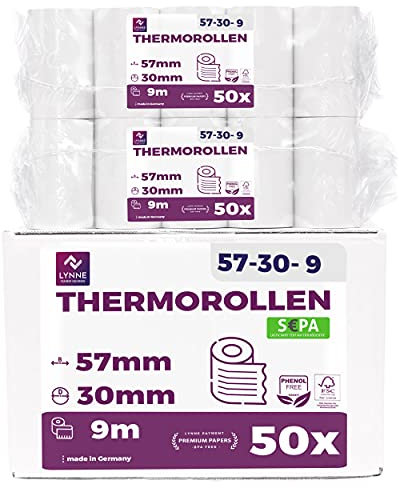 Ec-Cash Thermorollen 57mm x 9m x 12mm - Kassenrollen - Thermopapier - Bonrollen für Bankomat - Kredit-Kartenlesegeräte (57x30x12) - mit SEPA-Lastschrifttext (50 Rollen)