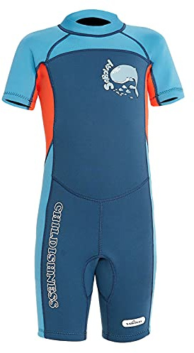 SXSHUN Combinaison de Plongée Enfant Fille Garçon Combinaison Humide Néoprène Shorty Maillot De Bain Une Pièce, Bleu, S