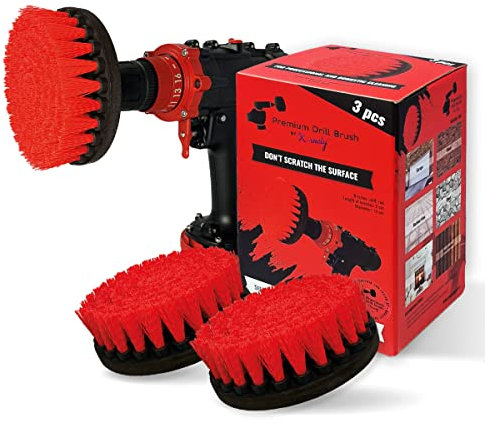 Kornely™ Spazzola Premium per Trapano-Rigida, Rossa, Set 3 Pezzi, 13cm. Spazzola di Pulizia Professionale.Non Graffia le Superfici.Per Garage,Piastrelle,Pietra,Camino e Pulizia dei Cerchioni dell'Auto
