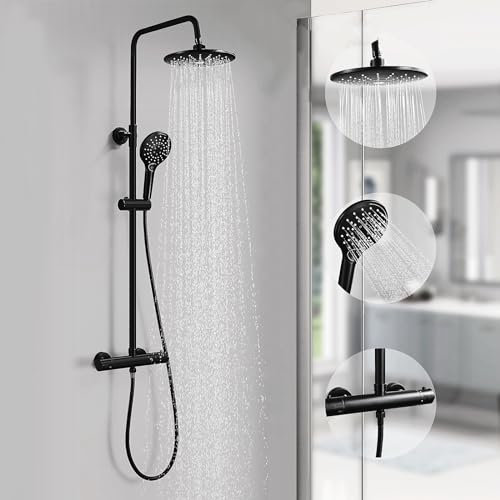 Duschsystem mit Thermostat Schwarz Duscharmatur Komplettset Duschset mit Armatur Duschgarnitur mit Regendusche, Runde Kopfbrause 8'', Handbrause, Verstellbarer Duschstange, Dusch für Badezimmer