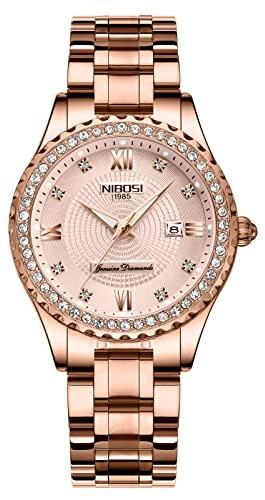 NIBOSI Orologio da polso da donna, al quarzo, analogico, quadrante in oro rosa, lusso impermeabile, con diamanti, in acciaio inossidabile, orologio automatico con data per donne, Oro rosa