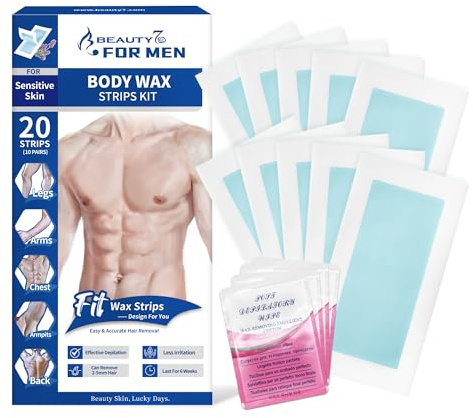 Beauty7 Men Wax Strips for Body, Ready to Use Waxing Strips, Facial Hair Removal Wax, Legs Arms Chest At Home Waxing Kit, 20 Waxing Strip 4 Calming Oil Wipes
