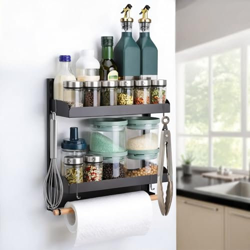 Toski Organizador Especias Magnético para Frigorífico, Estantes Magnéticos de 2 Pisos con Soporte para Rollos y 4 Ganchos, Spice Rack Ajustable Para Botes Especias y Frasco Condimentos, Negro