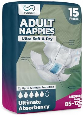 15 Pack - Medium Adult Nappies for Women & Men | 33–49 Waist | Unisex, Highly Absorbent, Leak-Proof & Odor-Control Disposable Adult Diapers for Incontinence.