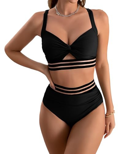 Anseom High Waisted Bikini Set, Women's Bikini Sets Adjustable Crisscross Straps Mesh Swimming Costume Swimwear V-Neck Cross Bikini Top (UK, Alpha, M, Regular, Regular, Black)