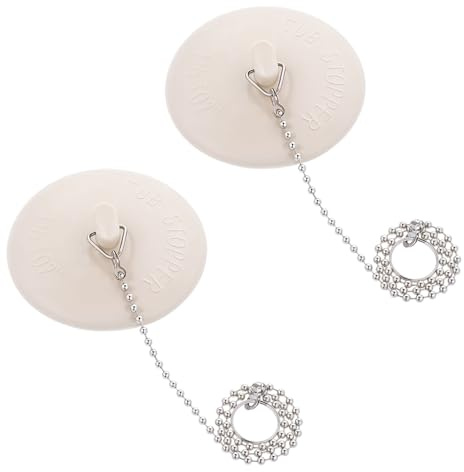 Lot de 2 bouchons de vidange en caoutchouc avec chaîne perlée en acier inoxydable de qualité supérieure pour évier de cuisine, salle de bain, baignoire de 3,8 cm à 5,1 cm (blanc)