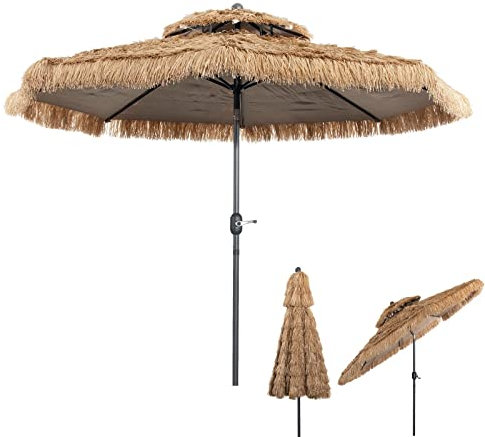 GOPLUS 3M Parasol Paille en PE, avec Double Toit Inclinable 30°, 8 Baleines, 12 Couches, Bloquer Soleil, Parasol Chaume de Style Hawaïen Tropical pour Patio/Terrasse/Jardin, Base Non Incluse