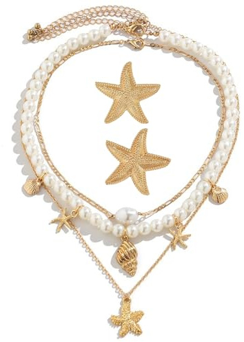 CHENYUOUYANG 5 PCS Ocean Starfish Necklaces with Starfish Earrings, Marine Collection Shell Necklacess, Layered Charm Necklace Set, Pearl Necklaces for Women Girls, Beach Necklace Jewelry Set