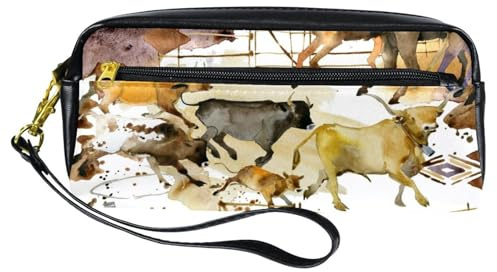 Trousse à crayons, cowboy tribal et cheval en cours d'exécution, pochette en cuir synthétique avec fermeture éclair pour garçons et filles, fournitures scolaires et de bureau