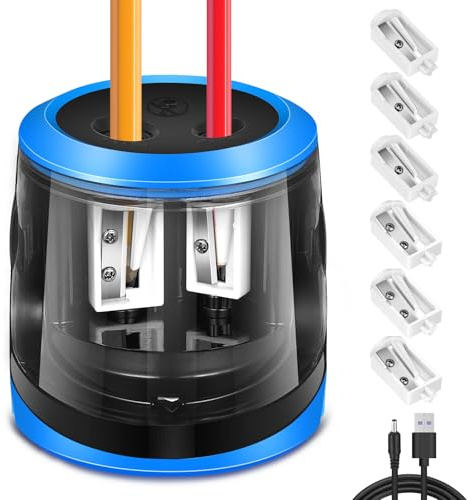 WGIDSKKI Elektrischer Anspitzer, Anspitzer mit Behälter Elektrisch, Pencil Sharpener Batterie und USB Zwei Mode mit 6 Klingen und 1 Bürste, 2 Größen Bleistiftspitzer Dicke für Kinder (Kreisförmig)