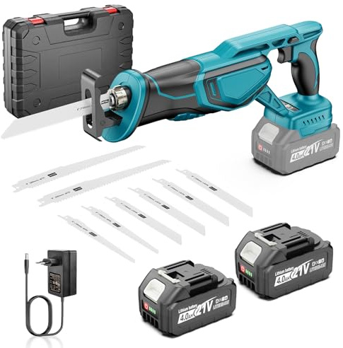 Säbelsäge Akku 21V, 3500 SPM Bürstenlosem Motor, Akku Säbelsäge mit 2x 4.0Ah Akku und Ladegerät & 8 Sägeblätter zum Schneiden von PVC, Holz, Metall