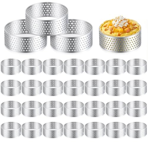 AOZUO 32 Pack 2 Inch Stainless Steel Tart Ring, Crumpet Rings Cake Ring Heat-Resistant Cake Mousse Rings Metal Pastry Mold for Dessert Baking Cooking Pastries