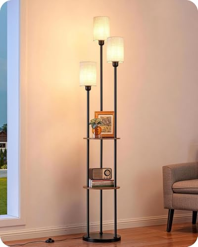 EDISHINE Lampada da Terra per Soggiorno, Lampada da Terra LED 3 Fiamme con Mensola e Paralume in Lino, Attacco E27, Con Lampadine Incluse, Lampada Moderna per Camera fa Letto e Ufficio, 178 cm