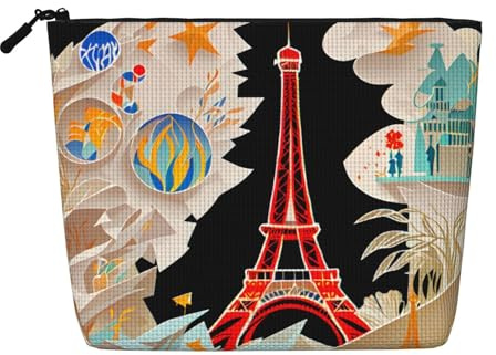 Paris Eiffel Tower Daily Pouch Cosmetic Bag Fake Hemp Large Organizer for Travel Toiletry Water Resistant