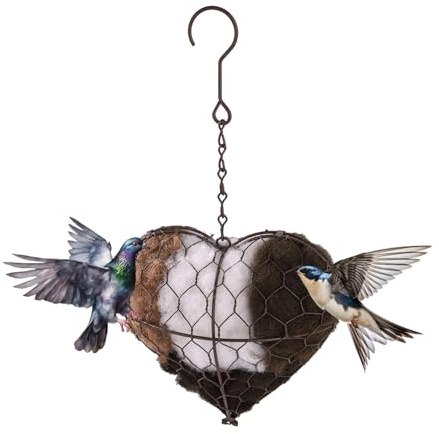 Sinbana Handmade Fiber Bird Nesting Heart, Iron Bird House with Refillable PP Cotton Filling Hummingbird Nest Starter Winter Shelter for Garden Yard Outdoor Animal Lovers Gift