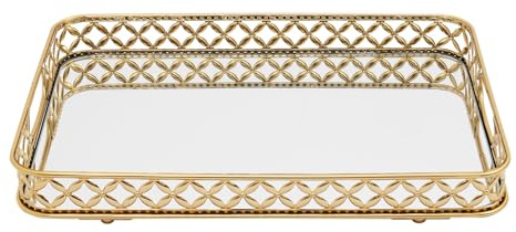 Bandeja decorativa con espejo, 38 x 26 x 6 cm, organizador de cosméticos y joyas, frutero, bandeja de mesa, rectangular