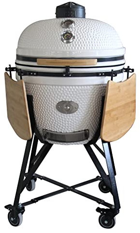 YNNI KAMADO TQ0C25WH parrilla a medida XL de 25 pulgadas con carrito y mesas de bambú, color blanco con alimentador de virutas, barbacoa, cerámica, huevo, ahumador, TQ0C25WH