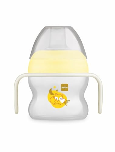MAM Learning Cup, from 4 Months, 150 ml, Baby's First Cup, Asymmetric Spill Proof Silicone Easy Acceptance, with Glow-in-The-Dark Handles, Neutral Pack of 1