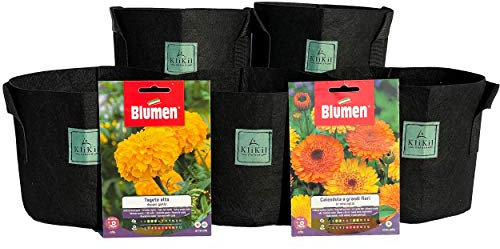 KliKil Sacs à Plantes en Tissu - Kit 5 Pots géotextiles et 2 Sacs de graines Blumen Calendula et Marigold sélectionnées. Kit de Sac de Culture pour Jardin Urbain