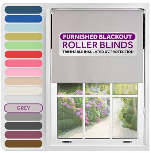 FURNISHED Roller Blinds Thermal Blackout Roller Blind - Trimmable Insulated UV Protection Child Safe Easy Fit Home Office Window Blinds, Grey, 45 cm Wide x 165 cm Long