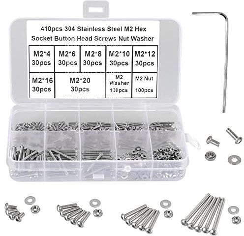 FandWay Juego de 410 tornillos M2, tornillos de cabeza alomada con hexágono interior, acero inoxidable 304, tornillos hexagonales, tornillos de máquina, tuercas y arandelas. Surtido de surtido.