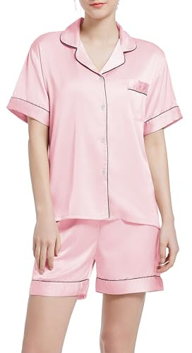 Xuepelit pyjamas dam satin kortärmad set pyjamas dam sommar med knappslå silke tvådelad nattkläder ledig sidenpyjamas för kvinnor, ROSA, XXL