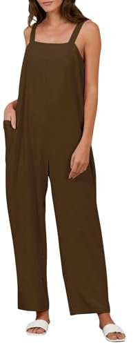 Azruma Jumpsuit Damen Kurz, Yoga Set Damen Anzug Frauen Elegant Leinen Ärmellose Rückenfreie Jumpsuit Mit Große Taschen Maleroverall Overall Damen Elegant Hochzeit(Light Brown,XXL)