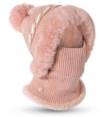 TAGVO Pasamontañas Térmico de Invierno Mujeres, Gorro de Punto Térmico a Prueba de Viento con Bola de Pelo, Capucha De Lana Elástico con Calentador de Cuello con Forro de Vellón Máscara