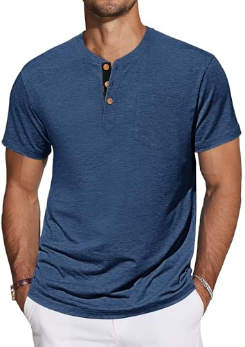 TARAINYA Henley T-Shirt Uomo Cotone Maglietta Maniche Corte Tinta Unita con Tasche Estate Blu L