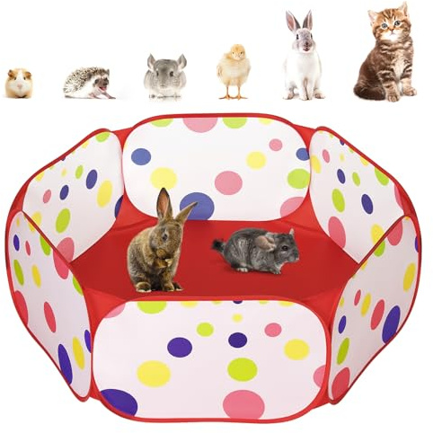 Pawaboo - Parc pour Petits Animaux, Tente-Cage Imperméable pour Petits Animaux avec Cadre en Fil d'acier Solide, Clôture de Cour Extérieure pour Poussin/Chiot/Cochon d'Inde/Lapin, Rouge + Pois
