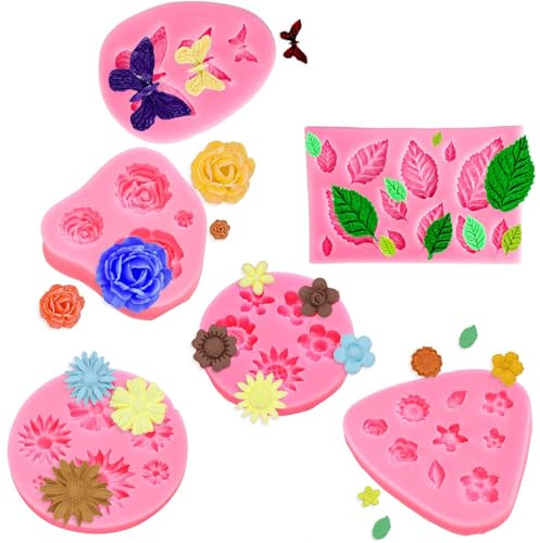 YXHZVON 6 pezzi stampo in silicone fiore 3D antiaderente foglio stampo in silicone mini rosa farfalla stampi in silicone per resina epossidica, torte, cioccolato, caramelle e cottura