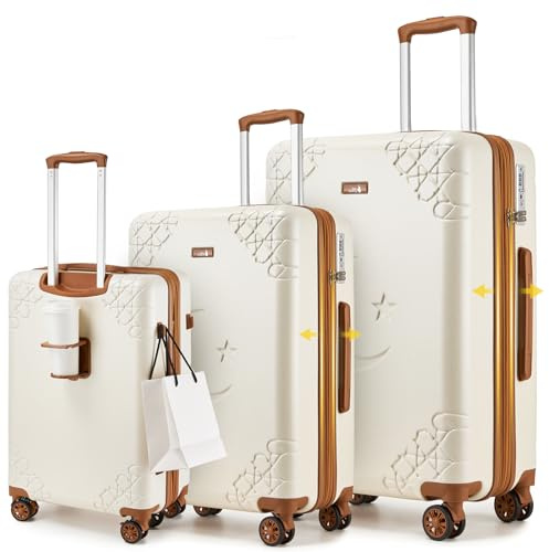 Sea choice Set de 3 Valises de Voyage Extensible Valise Léger avec 4 Roues 360° Silencieuses Grande Capacité Frein Antichoc Motif Lune Étoile et Porte-gobelet Poignée Réglable