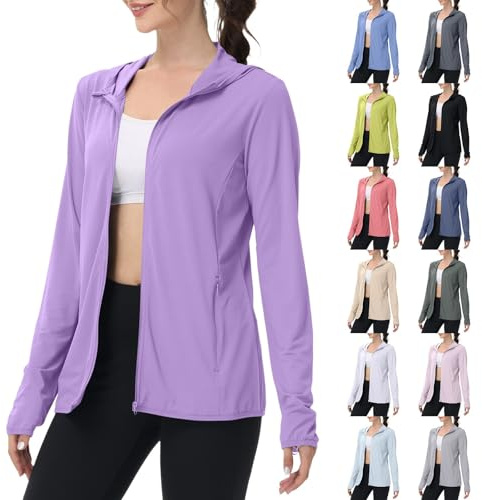 Sun Hoodie - Chaqueta deportiva con capucha para mujer, protección solar, con cremallera, fina, ligera, transpirable, chaqueta de entretiempo, corte ajustado, chaqueta cortavientos, chaqueta de
