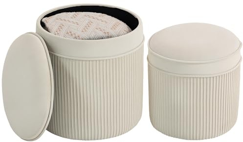 HOMCOM Lot de 2 poufs de Rangement en Velours, Repose-Pieds Ronds gigognes, Tabouret Rond avec Couvercle Amovible et Assise rembourrée, pour Coiffeuse, Chambre, Salon, crème