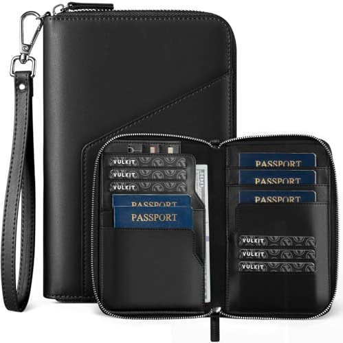 VULKIT läder passhållare – familje-resedokumenthållare med RFID-blockering – Slank reseplånbok med flera passfack, SIM-kortfack, svart, No, Minimalistisk