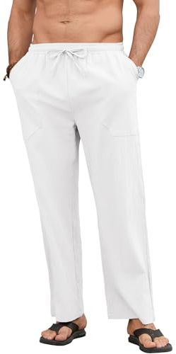 Aisprts Pantaloni Lino Uomo Pantaloni Estivi Casual Loose Fit con Vita Elasticizzata e Coulisse, con Tasche per Mare Vacanze e Uso Quotidiano, Bianco, M