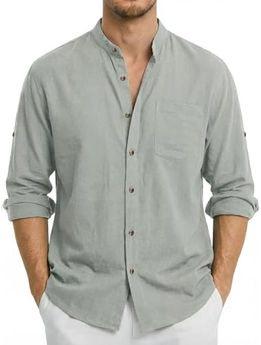 Enlision Grandad Shirt for Men Long Sleeve Linen Shirt Summer Button Down Casual Beach Holiday Henley Grey L
