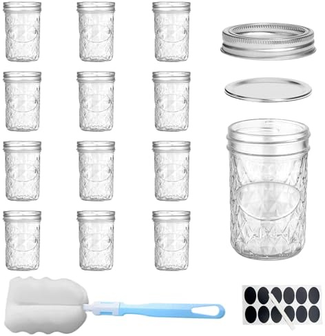 12 Barattoli per Conserve con Motivo a Diamante, Vasetti da 250 ml, Barattolis con Tappo a Vite per Conserve, Barattolo di Stoccaggio Alimentare, per Sottaceti, Spezie, Marmellata, Miele, Yogurt
