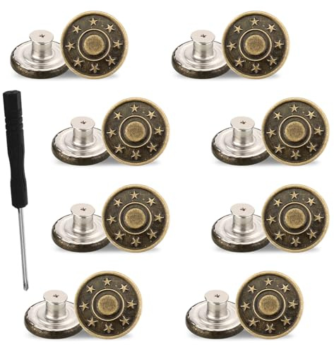 Molain 8 Pcs Jean Button Replacement Kit, 17mm No-Sew Metal Buttons for Clothes, Adjustable Pants Button Tightener with Screwdriver(20mm)