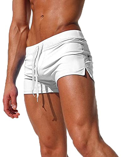 TMEOG Bañador Hombre Corto, Pantalon Corto Deporte Traje de Baño Shorts Deportivos Bañador Natacion Surf Playa Calções de Banho Homem con Bolsillo de Cremallera(Blanco,M)