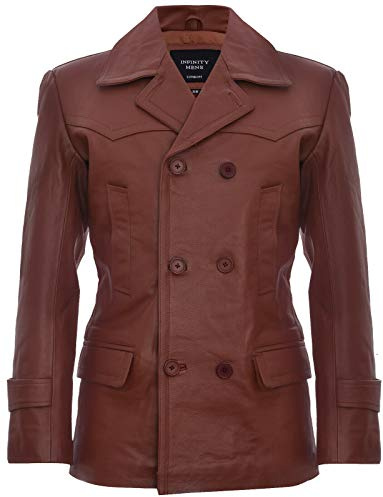 Mens Tan Cow Hide Leather Jacket Dr Who Naval German Pea Coat L
