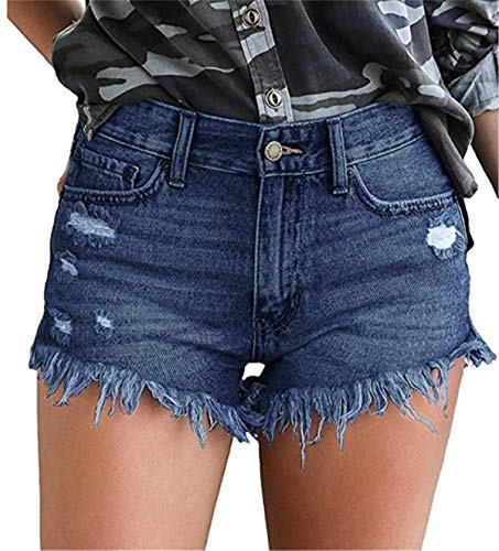 KISSMODA Girls Jean Shorts High Waisted Hemline Ripped Denim Summer Hot Pants Dark Blue X-Large