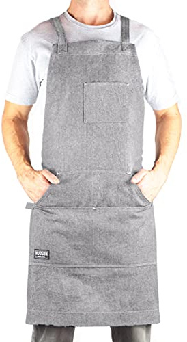 Hudson Durable Goods Professional Grade Chef Apron for Kitchen, BBQ, and Grill - Adjustable Crossback Denim Apron for Men and Women with Pockets, Towel Loop, Quick Release Buckle - 34 x 27 Inch, Grey