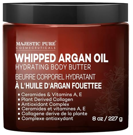 MAJESTIC PURE Whipped Argan Oil Body Butter for Women & Men - With Ceramides, Vitamin E & A & Vegan Collagen - For Skin, Face, & Appearance of Wrinkles & Fine Lines - 8oz