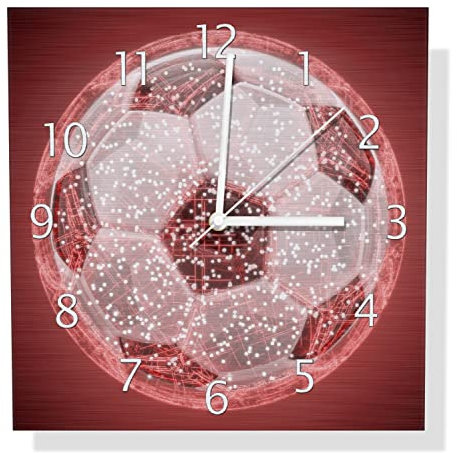 Wallario Design Wanduhr Fußball digital - Netzwerk in rot aus Aluverbund, Alu-Uhr Größe 30 x 30 cm, weiße Zeiger mit Metalloptik