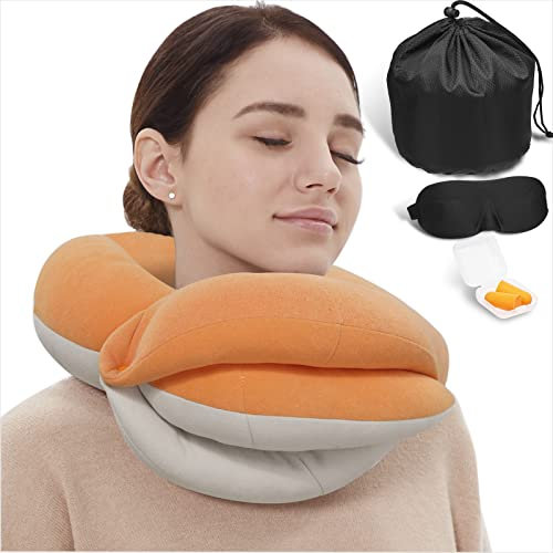 BUYUE Almohadas de cuello de viaje para aviones, soporte de cabeza de 360° para el sueño para vuelos largos, agradables al tacto y transpirables, kit con máscara contorneada 3D, tapones para los oídos