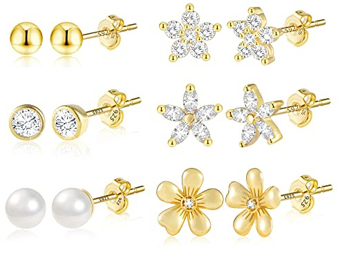ASH'S CHOICE 6 Paires Clous d'Oreilles Or Zircone Étoile Fleur