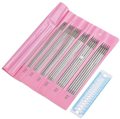 Coopay Edelstahl Stricknadeln Set, 20cm Doppelspitz Stricknadeln und Nadellehre, 2,0mm - 6,0mm Gerade Stricknadel für Socken, 55 Stück Komplett Nadelspiel Set für Anfänger, Erwachsene und Kinder